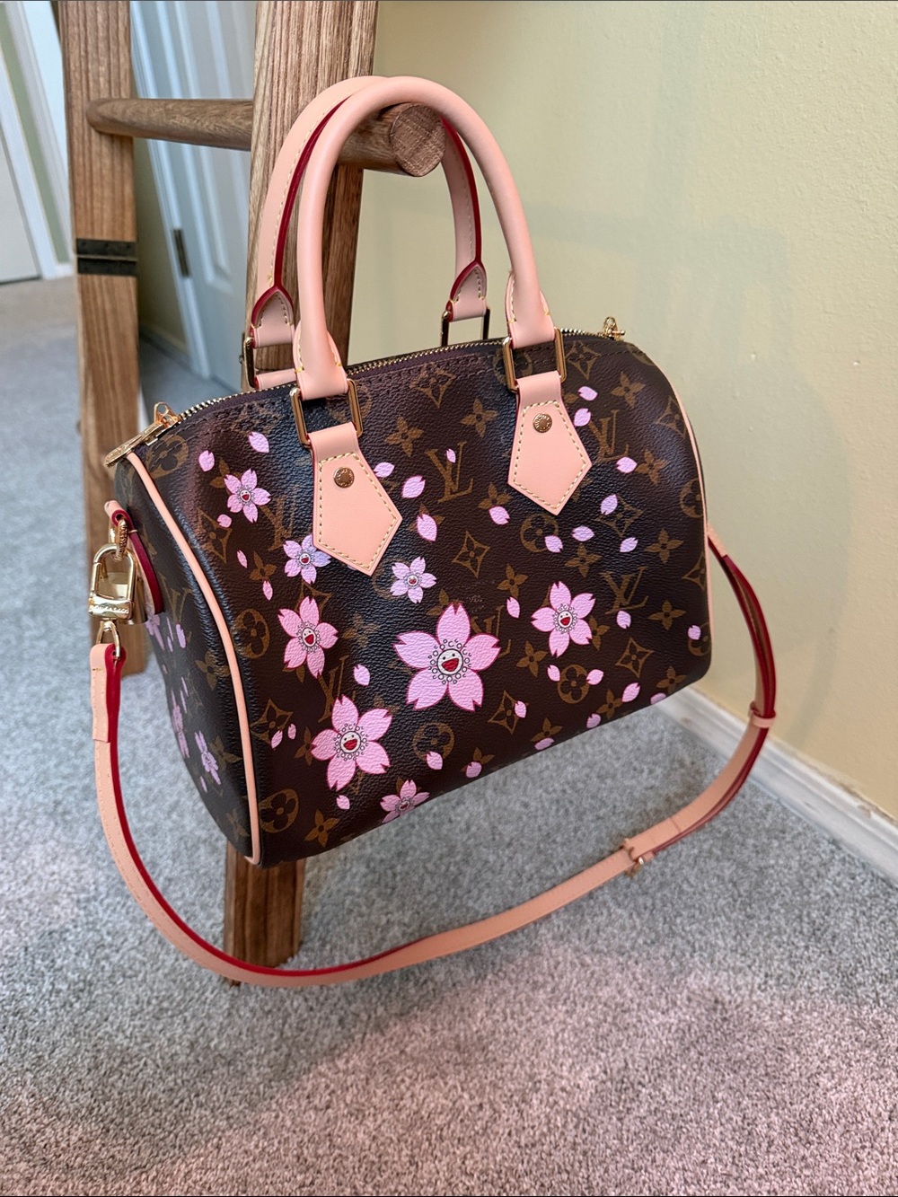 Unbranded LV Brown Monogram with Pink Cherry Blossom satchel
